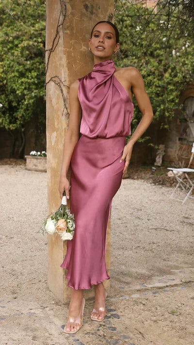Elisa | Damen Elegantes Midi-Kleid mit Neckholder und Drapiertem Ausschnitt