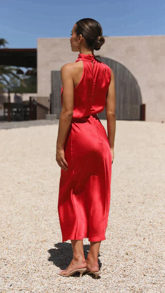 Elisa | Damen Elegantes Midi-Kleid mit Neckholder und Drapiertem Ausschnitt