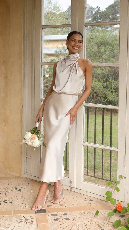 Elisa | Damen Elegantes Midi-Kleid mit Neckholder und Drapiertem Ausschnitt