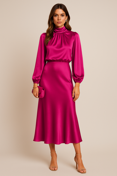 Monika | Damen Langarm High-Neck Midikleid