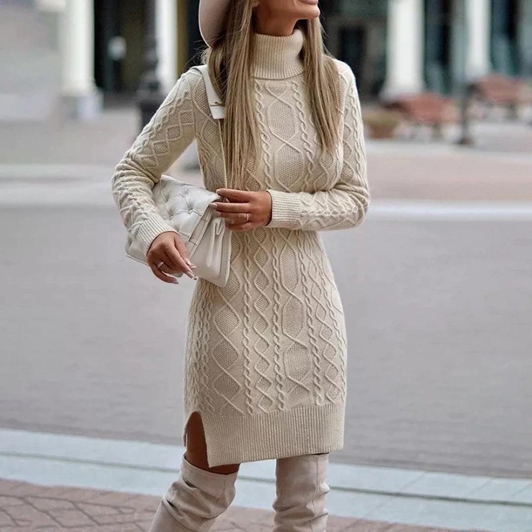 Pauline | Gemütliches Zopfmuster Rollkragen Strickkleid