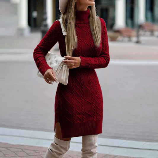 Pauline | Gemütliches Zopfmuster Rollkragen Strickkleid