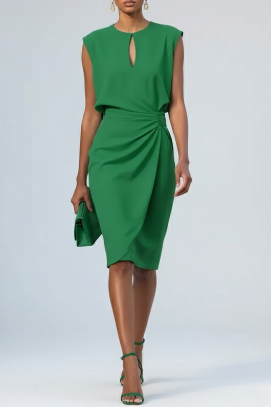 Katharina | Damen Midi-Kleid mit Schlüsselloch-Ausschnitt und Raffung