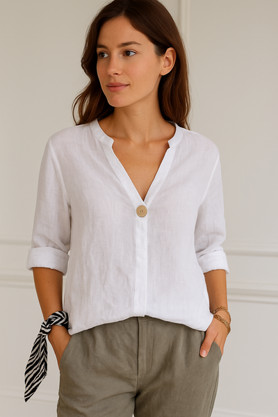 Stefanie | Damen Locker sitzende Bluse mit V-Ausschnitt und Knopfdetails