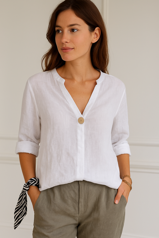Stefanie | Damen Locker sitzende Bluse mit V-Ausschnitt und Knopfdetails