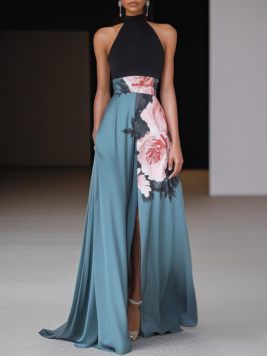 Angela | Damen Schickes Schwarzes Geschlitztes Florales Klassisches Rundhals Ärmelloses A-Linie Maxikleid