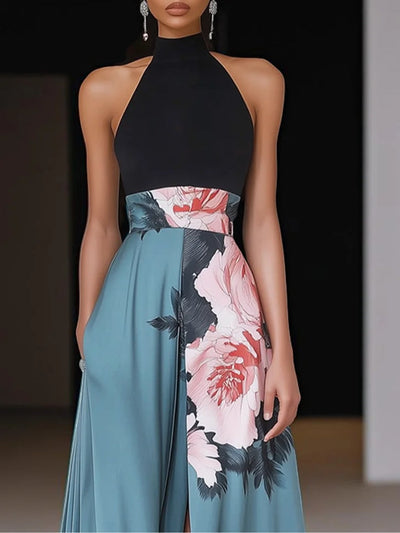 Angela | Damen Schickes Schwarzes Geschlitztes Florales Klassisches Rundhals Ärmelloses A-Linie Maxikleid