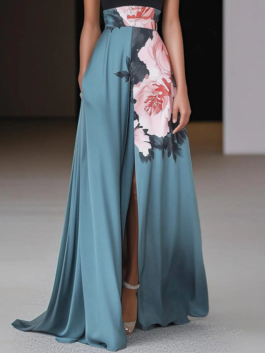 Angela | Damen Schickes Schwarzes Geschlitztes Florales Klassisches Rundhals Ärmelloses A-Linie Maxikleid