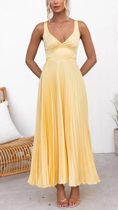 Barbara | Damen V-Ausschnitt Falten Maxi-Kleid