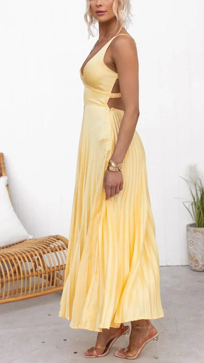 Barbara | Damen V-Ausschnitt Falten Maxi-Kleid
