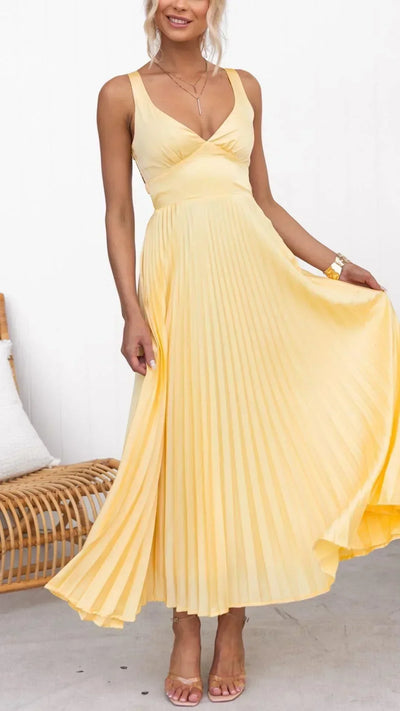 Barbara | Damen V-Ausschnitt Falten Maxi-Kleid