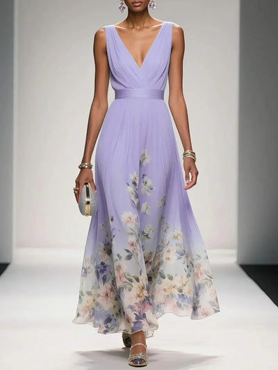 Carolin | Damen Florales Chiffon Sommer Maxikleid