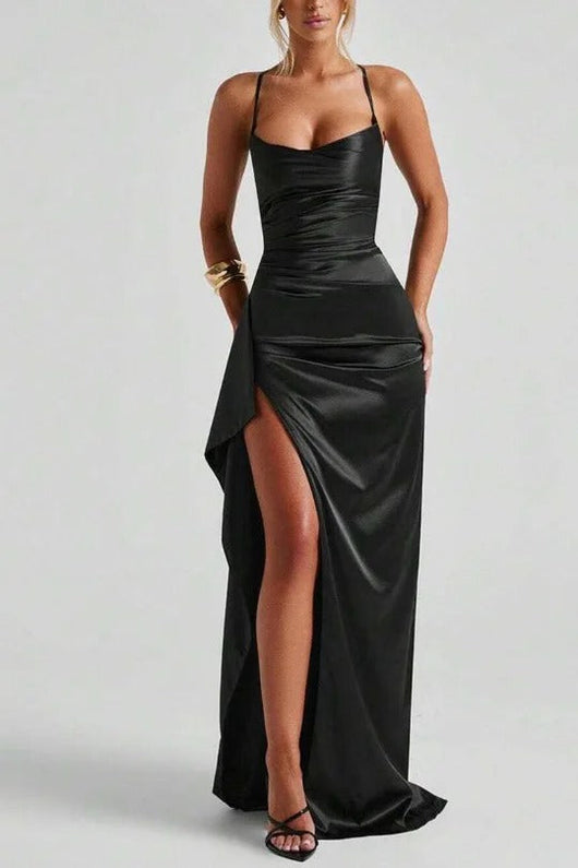 Mia | Damen Geraffte Herzausschnitt Bodycon Satin Maxikleid mit Schlitz