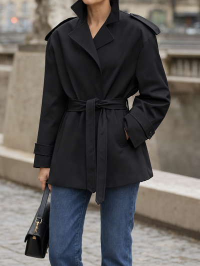 Ashcombe Short Belted Trench in black worn with jeans, front view