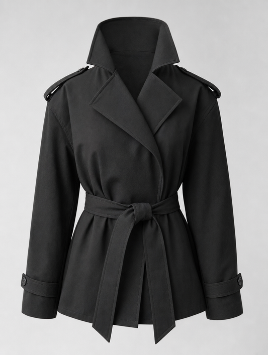Ashcombe Short Belted Trench in black, product shot