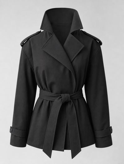 Ashcombe Short Belted Trench in black, product shot