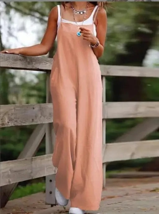 Elfriede | Damen Leinenjumpsuit Latzhose Wide-Leg-Pants Träger Hosenanzug