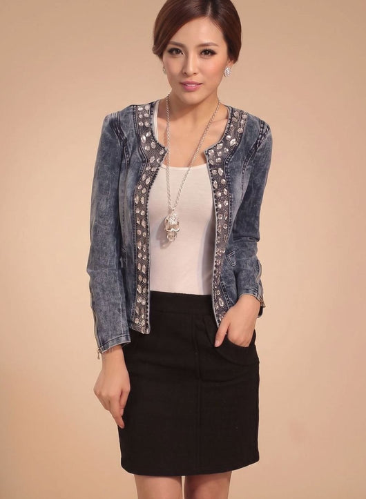 Lena | Übergangsjacke Damen Kurze Jeansjacke Blau mit Strass