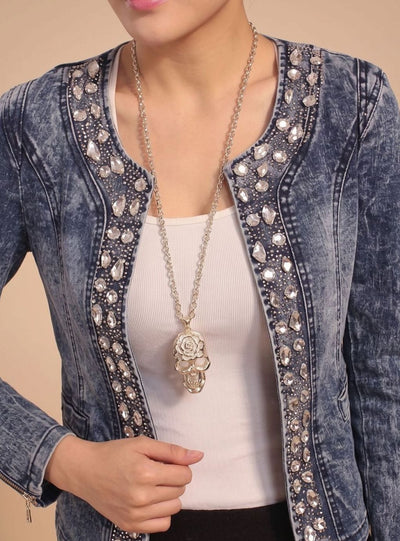 Lena | Übergangsjacke Damen Kurze Jeansjacke Blau mit Strass