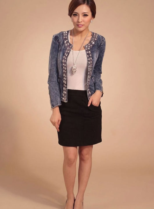 Lena | Übergangsjacke Damen Kurze Jeansjacke Blau mit Strass