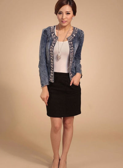 Lena | Übergangsjacke Damen Kurze Jeansjacke Blau mit Strass