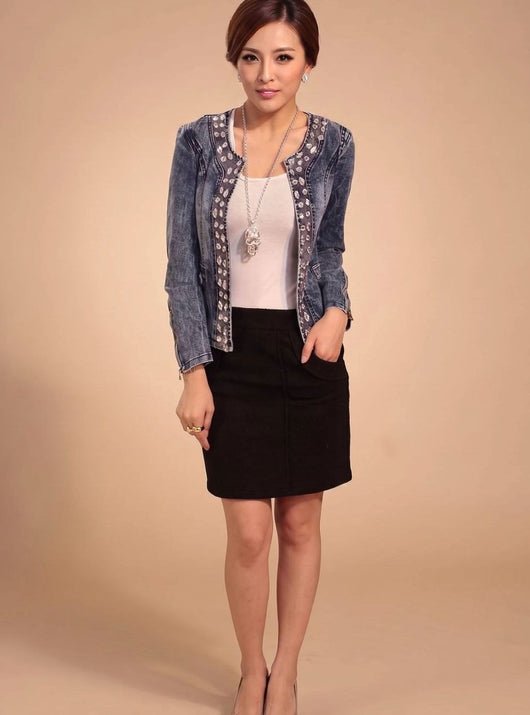 Lena | Übergangsjacke Damen Kurze Jeansjacke Blau mit Strass