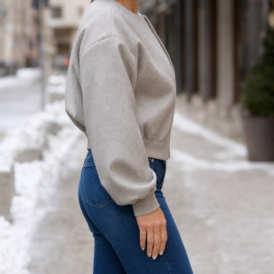 Bexley Fleece Bomber Jacket in grey, side view