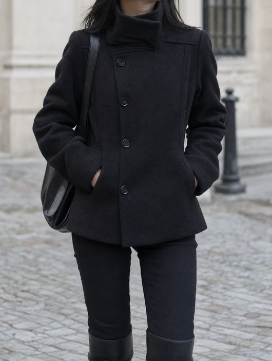 Bramhall Funnel Neck Coat in black worn with black trousers, front view
