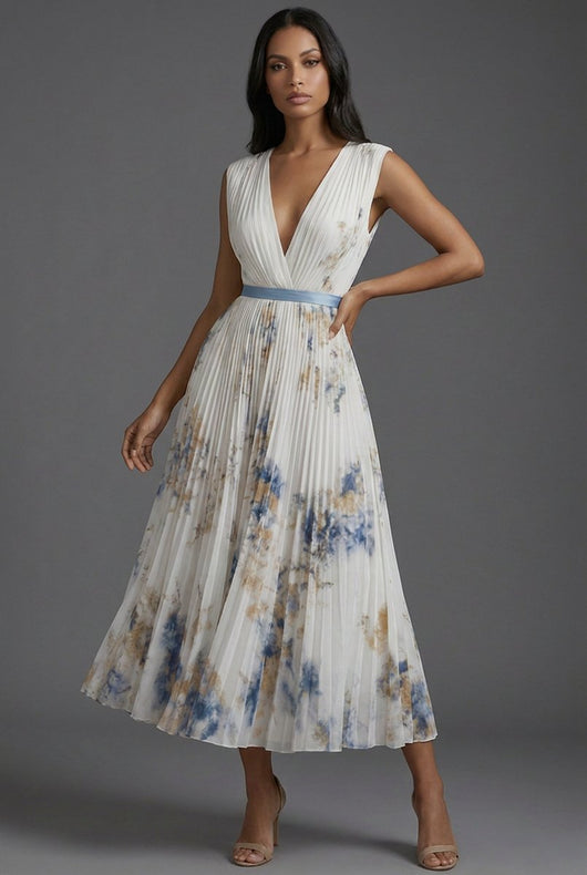 Amelie | Brautmutter Kleid Midi Blumenkleid mit tiefem V-Ausschnitt und Plisseerock