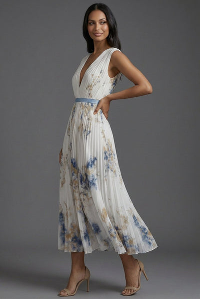 Amelie | Brautmutter Kleid Midi Blumenkleid mit tiefem V-Ausschnitt und Plisseerock