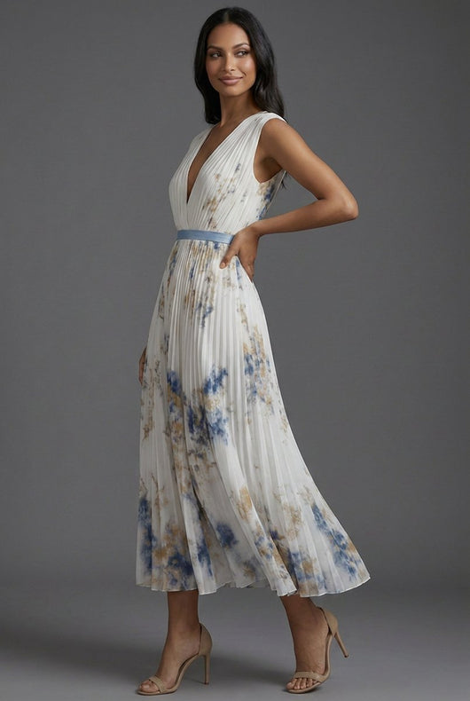 Amelie | Brautmutter Kleid Midi Blumenkleid mit tiefem V-Ausschnitt und Plisseerock