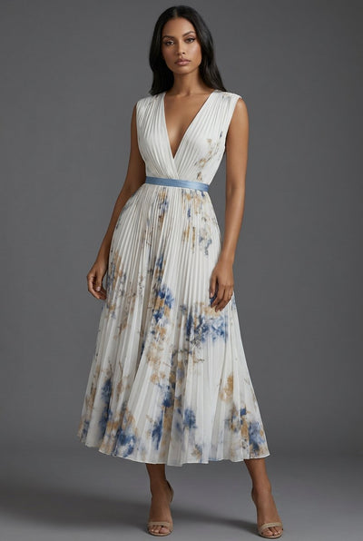 Amelie | Brautmutter Kleid Midi Blumenkleid mit tiefem V-Ausschnitt und Plisseerock