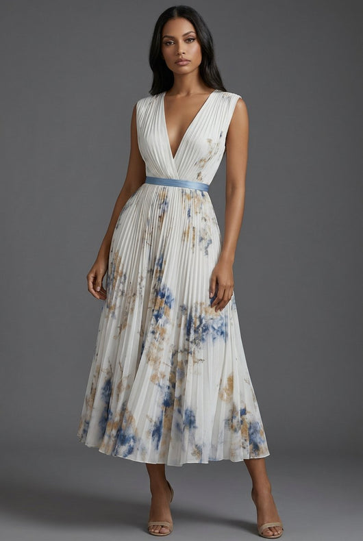Amelie | Brautmutter Kleid Midi Blumenkleid mit tiefem V-Ausschnitt und Plisseerock