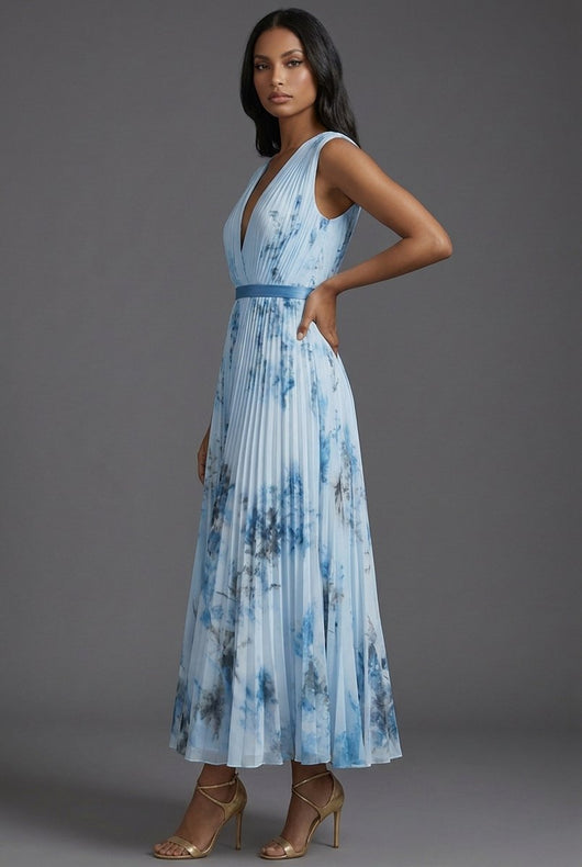 Amelie | Brautmutter Kleid Midi Blumenkleid mit tiefem V-Ausschnitt und Plisseerock
