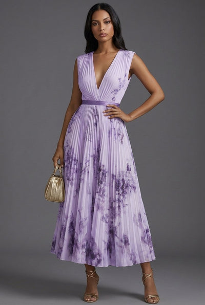 Amelie | Brautmutter Kleid Midi Blumenkleid mit tiefem V-Ausschnitt und Plisseerock