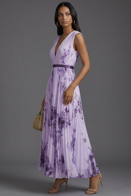 Amelie | Brautmutter Kleid Midi Blumenkleid mit tiefem V-Ausschnitt und Plisseerock