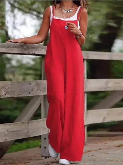 Elfriede | Damen Leinenjumpsuit Latzhose Wide-Leg-Pants Träger Hosenanzug