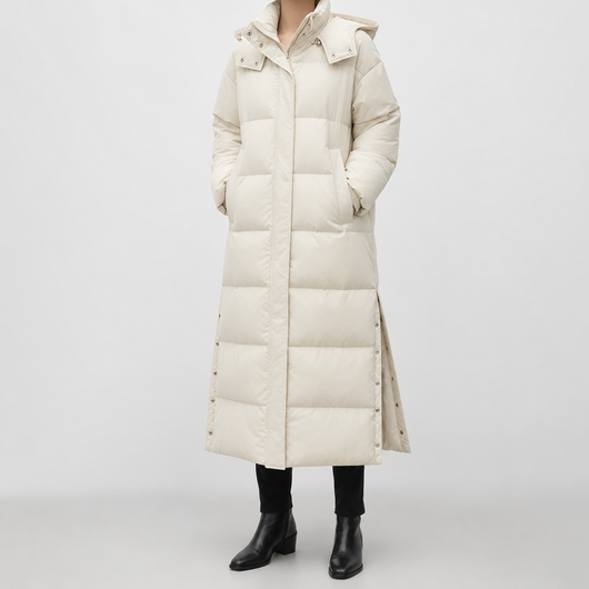 Camberley Longline Hooded Puffer Coat worn, front