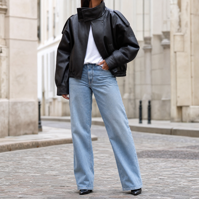 Camden oversized faux leather bomber jacket in black, front view