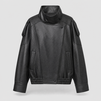 Camden faux leather bomber jacket product shot on light grey background