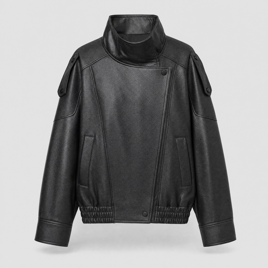 Camden faux leather bomber jacket product shot on light grey background