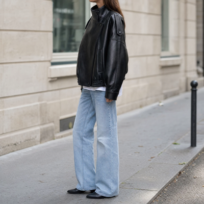 Camden faux leather bomber jacket, side profile view