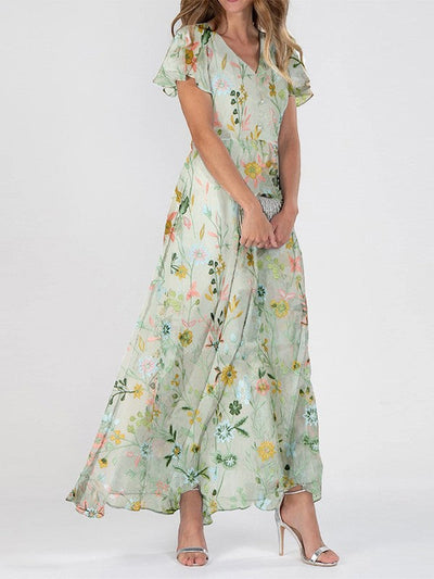 Bettina | Damen Maxi-Kleid mit Blumenmuster und V-Ausschnitt