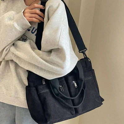 Nora | Cord Tote Bag Damen Schultertasche Mehrfachtaschen Reißverschluss