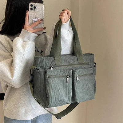 Nora | Cord Tote Bag Damen Schultertasche Mehrfachtaschen Reißverschluss