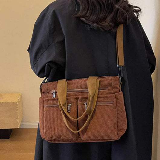 Nora | Cord Tote Bag Damen Schultertasche Mehrfachtaschen Reißverschluss