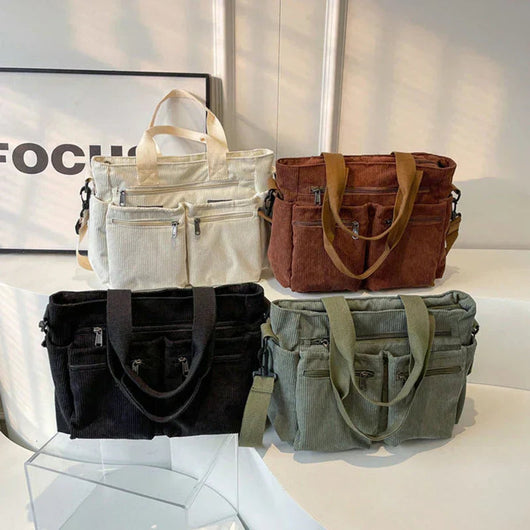 Nora | Cord Tote Bag Damen Schultertasche Mehrfachtaschen Reißverschluss