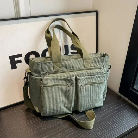 Nora | Cord Tote Bag Damen Schultertasche Mehrfachtaschen Reißverschluss
