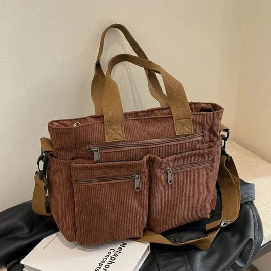 Nora | Cord Tote Bag Damen Schultertasche Mehrfachtaschen Reißverschluss
