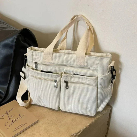Nora | Cord Tote Bag Damen Schultertasche Mehrfachtaschen Reißverschluss
